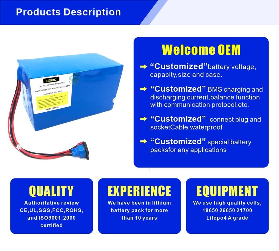 Type bleu 48V 40ah E scooter batterie au lithium-ion personnalisée pour véhicules électriques