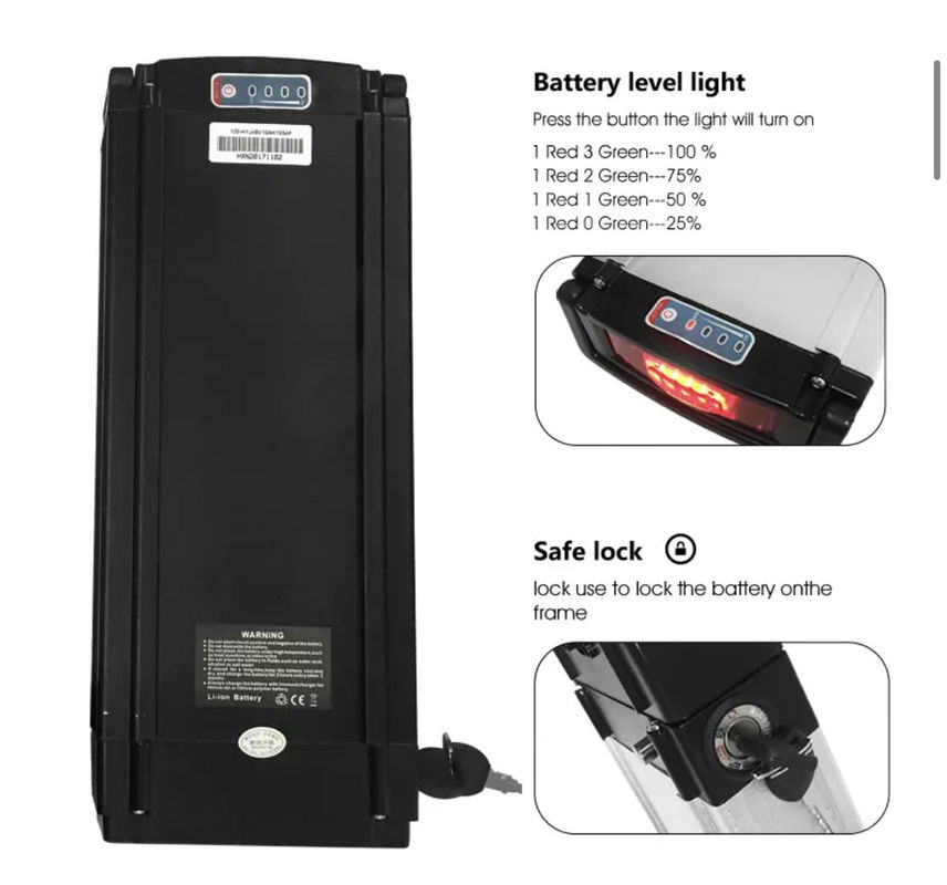 48V 36V rack arrière Lithium Ion E batterie de vélo personnalisé chargeur de poids boîtier en argent