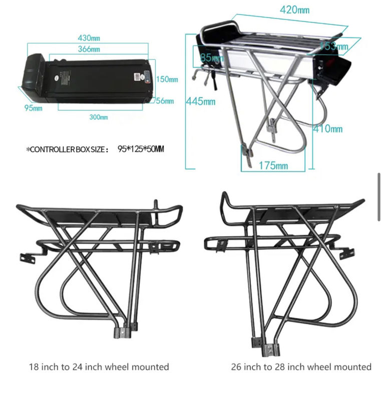 48V 36V rack arrière Lithium Ion E batterie de vélo personnalisé chargeur de poids boîtier en argent